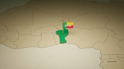 3d illustration of Benin isometric flag and country map. - obrazy, fototapety, plakaty