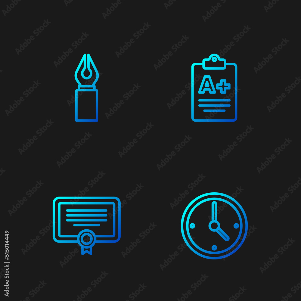Poster set line clock, certificate template, fountain pen nib and exam sheet with a plus grade. gradient co