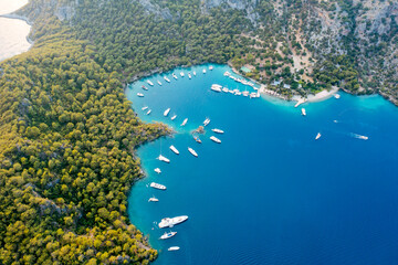 aerial view of Gocek bays in Turkey, there are parked some luxury yachts for holiday