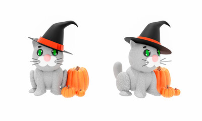 3d render. Cartoon gray kitten in a witch hat and with pumpkins. Autumn halloween concept. 3d illustration