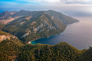 Obraz premium aerial view of Gocek bays in Turkey, there are parked some luxury yachts for holiday