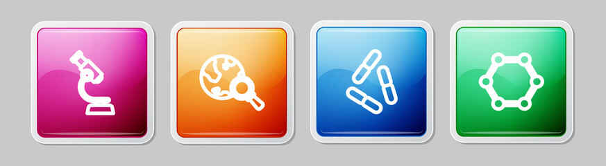 Obraz premium Set line Microscope, Magnifying glass with globe, Virus and Molecule. Colorful square button. Vector