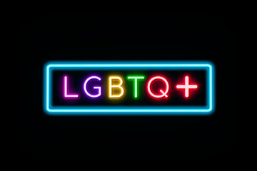 LGBTQ+ neon banner on black background, light signboard.
