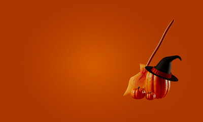 3d render. Autumn composition mocap. Pumpkin witch hat and broom. Autumn halloween concept. 3d illustration
