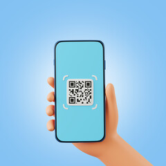 Cartoon holding smartphone for QR code scanning icon in smartphone, QR code for payment or certification validate concept, on pink background, 3D render illustration