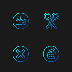Set line Hand wash laundry, X Mark, Cross in circle, Factory production and Scissors with cut line. Gradient color icons. Vector