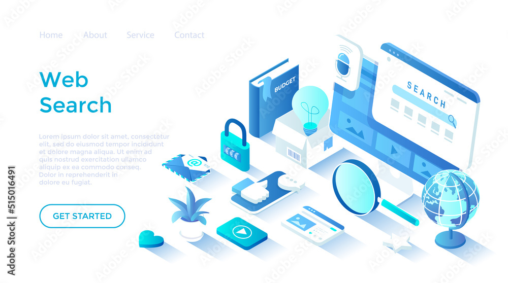 Poster web search engine. search page on the monitor screen, voice searching, result elements. isometric il