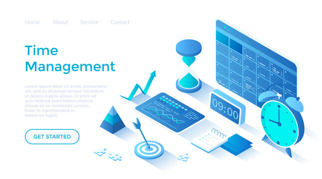 Time management, organizing, planning schedule in application. Personal calendar, list of tasks, hourglass, alarm clock. Isometric illustration. Landing page template for web on white background. - Powered by Adobe