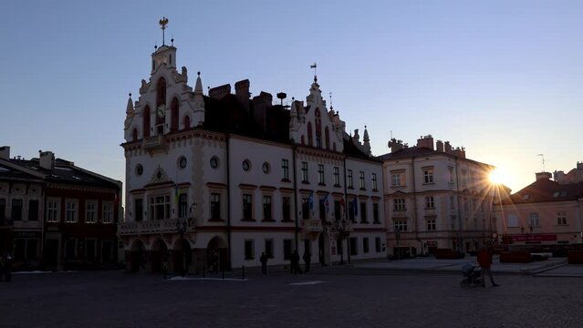 Town Hall on a market square of Old Town of Rzeszow city, Poland, 4k video