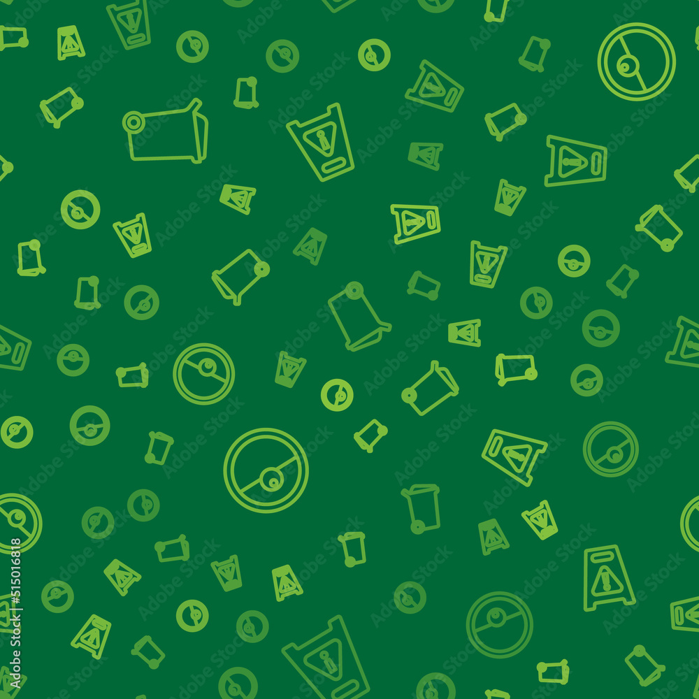 Poster set line trash can, robot vacuum cleaner and wet floor on seamless pattern. vector