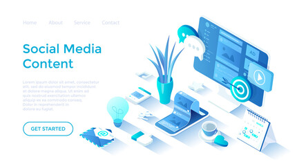Social Media Content. Marketing strategy to attract users attention. Viral Marketing and Social Media Sharing. Isometric illustration. Landing page template for web on white background.
