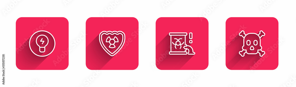 Poster set line light bulb with concept of idea, radioactive in shield, waste barrel and bones and skull wa