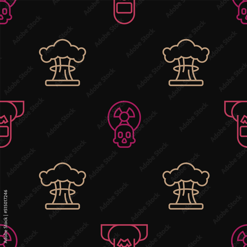 Poster set line nuclear reactor worker, explosion and radioactive on seamless pattern. vector