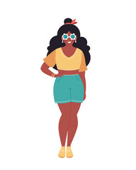 Black woman in retro glasses and casual summer look. Hello summer, summer style, vacation. Hand drawn vector illustration