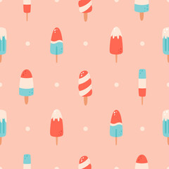 Ice cream on stick seamless pattern. Summertime. Doodle, flat, hand drawn texture for wallpaper, textile, paper. Vector illustration