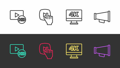 Set line Hd movie, tape, frame, Online play video, Screen tv with 4k and Megaphone on black and white. Vector