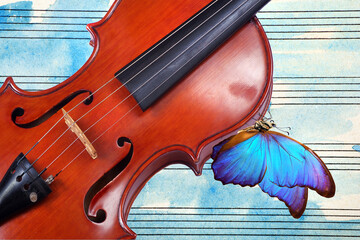 bright blue tropical morpho butterfly on the violin against the background of a sheet of music...