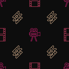 Set line Play video, Cinema ticket and Retro cinema camera on seamless pattern. Vector