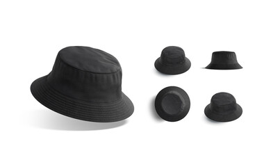Blank black bucket hat mockup, different views - obrazy, fototapety, plakaty