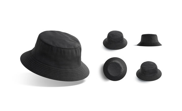 Blank black bucket hat mockup, different views