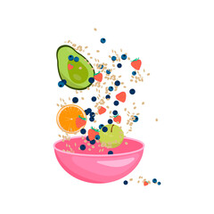 Vegetable salad bowl. healthy breakfast. Variety of healthy vegetables, fruits flying in the air to a pink bowl. Trendy vector illustration for web and print poster design. Isolated salad bowl. 