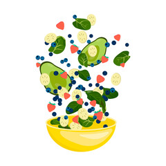 Vegetable salad bowl. Variety of healthy vegetables, fruits flying in the air to a yellow bowl. Trendy vector illustration for web and print poster design. Isolated salad bowl. 