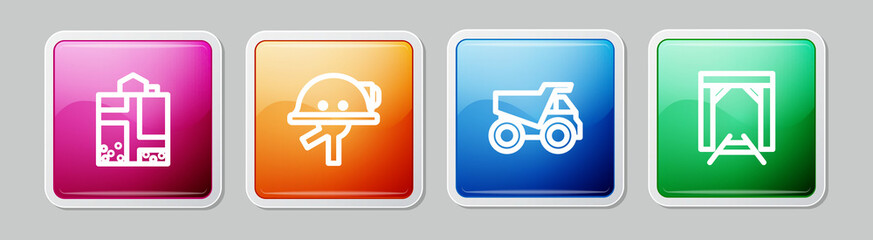 Set line Mine entrance, Miner helmet, Mining dump truck and . Colorful square button. Vector