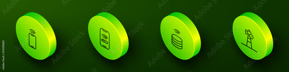 Poster set isometric line mobile with wi-fi wireless, smart data server and satellite dish icon. vector