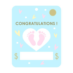 Congratulations-baby gift card. Baby shower greeting invitation cards. Money card blue pastel colors template. Vector illustration. .