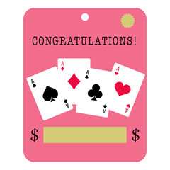 Celebration blank with Congratulation letters. Money postcard mock up with place for money. Greeting card with playing card illustration, funny design. Vector.