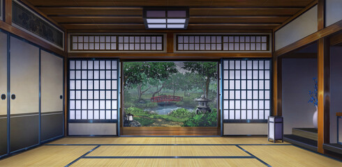 Japanese Traditional Interior - Rainy, 2D Anime background, Illustration.	
