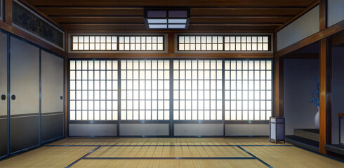 Japanese Traditional Interior - Close the door and turn off the light, 2D Anime background, Illustration.	
