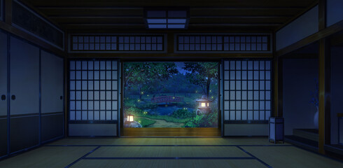 Japanese Traditional Interior - Night, turn off the light, 2D Anime background, Illustration.	

