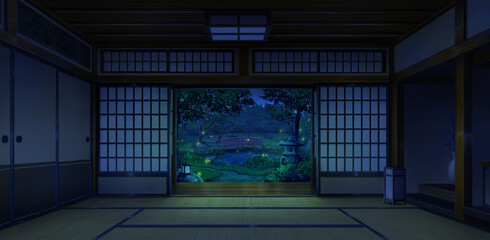 Fototapeta premium Japanese Traditional Interior - Midnight, 2D Anime background, Illustration. 