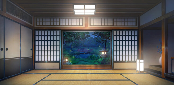 Japanese Traditional Interior - Night, turn on the light, 2D Anime background, Illustration.	