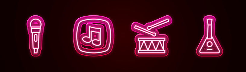 Set line Microphone, Music note, tone, Drum with drum sticks and Balalaika. Glowing neon icon. Vector