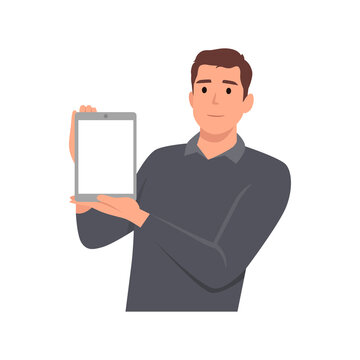 Young man showing or holding blank screen of digital tablet computer in hands. Modern technology latest trends and digital gadget and device concept. Flat vector illustration