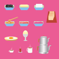 basic foods and beverages in the breakfast menu... cheese, olives, eggs, jam, honey, omelette, tea, coffee,