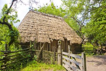 Fototapeta na wymiar Traditional Ukrainian barn of the 17-18th century in Cossack village (museum) Mamaeva Sloboda in Kyiv, Ukraine