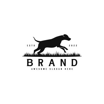 silhouette dog running on grass logo design, creative dog training logo illustration, animal dog vector template