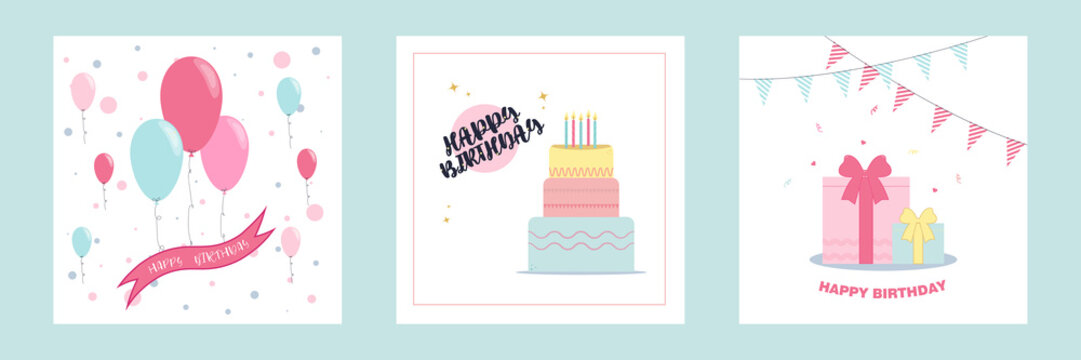 A set of beautiful birthday greeting cards with cake and balloons