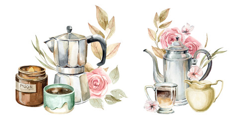 hand drawn watercolor coffee clipart. A cup of Americano, espresso, latte. French press,  kettle with coffee, bakery products, croissant. Belgian waffles. Composition of coffee flowers and muffins