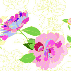 Composition with colorful peony and graphic peony on white background. Seamless pattern for wallpapers. Vector version.