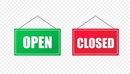 Cartoon open closed red green. Shop signs. Vector illustration. stock image.