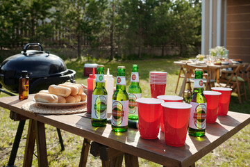 Wooden table with homemade food, bottles of beer, plastic cups, ketchup prepared for barbeque party standing in front of country house