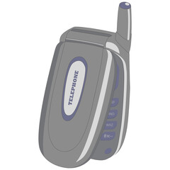 An old cell phone with an antenna. Portable mobile phone of the 90s. Retro model of a wireless mobile phone, a device with a hinged lid.