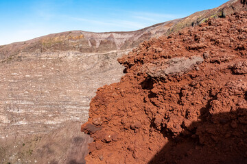Panoramic view on the edge of the active volcano crater of Mount Vesuvius, Province of Naples, Campania region, Southern Italy, Europe, EU. Volcanic landscape full of stones, ashes and solidified lava © Chris