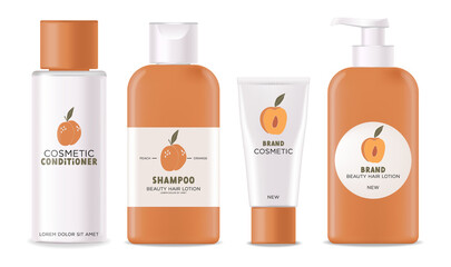 Realistic package for hair cosmetics set. Container lotion, shampoo, conditioner, cream, mask bottle mockup isolated vector, package bottle cosmetics set, peach plastic bottle collection
