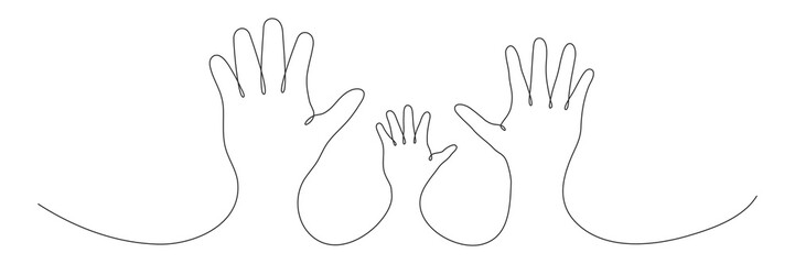 Continuous one line drawing family hands. Mother, father and child. Parents and child love concept. Vector isolated on white.