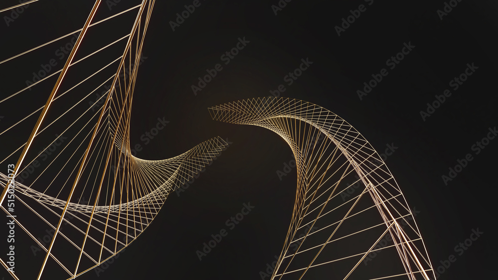 Poster abstract image of swirling golden double triangle lines on black background.,abstract line movement,